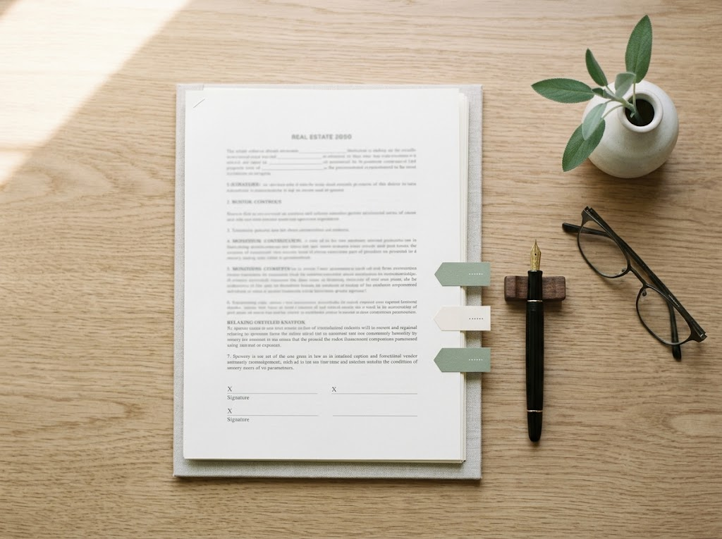 A prepared closing file with signature tabs, fountain pen, and sage sprig on an oak desk