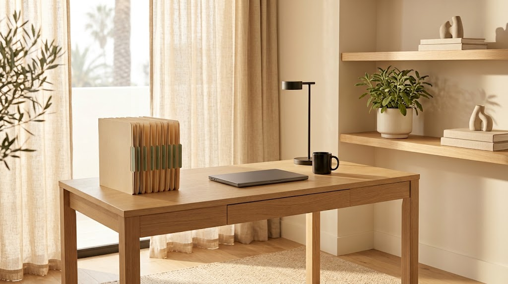 Calm California home office with oak desk, closed laptop, and a stack of sage-tabbed closing folders